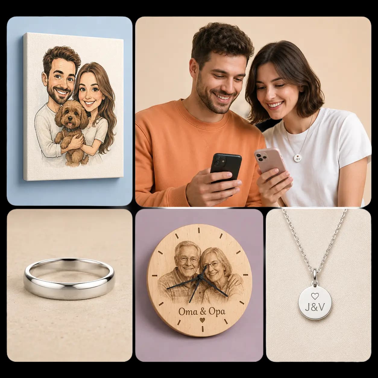 Familien-Karikatur-Bilderrahmen, Ring, Holzuhr Oma & Opa, Halskette mit Initialen