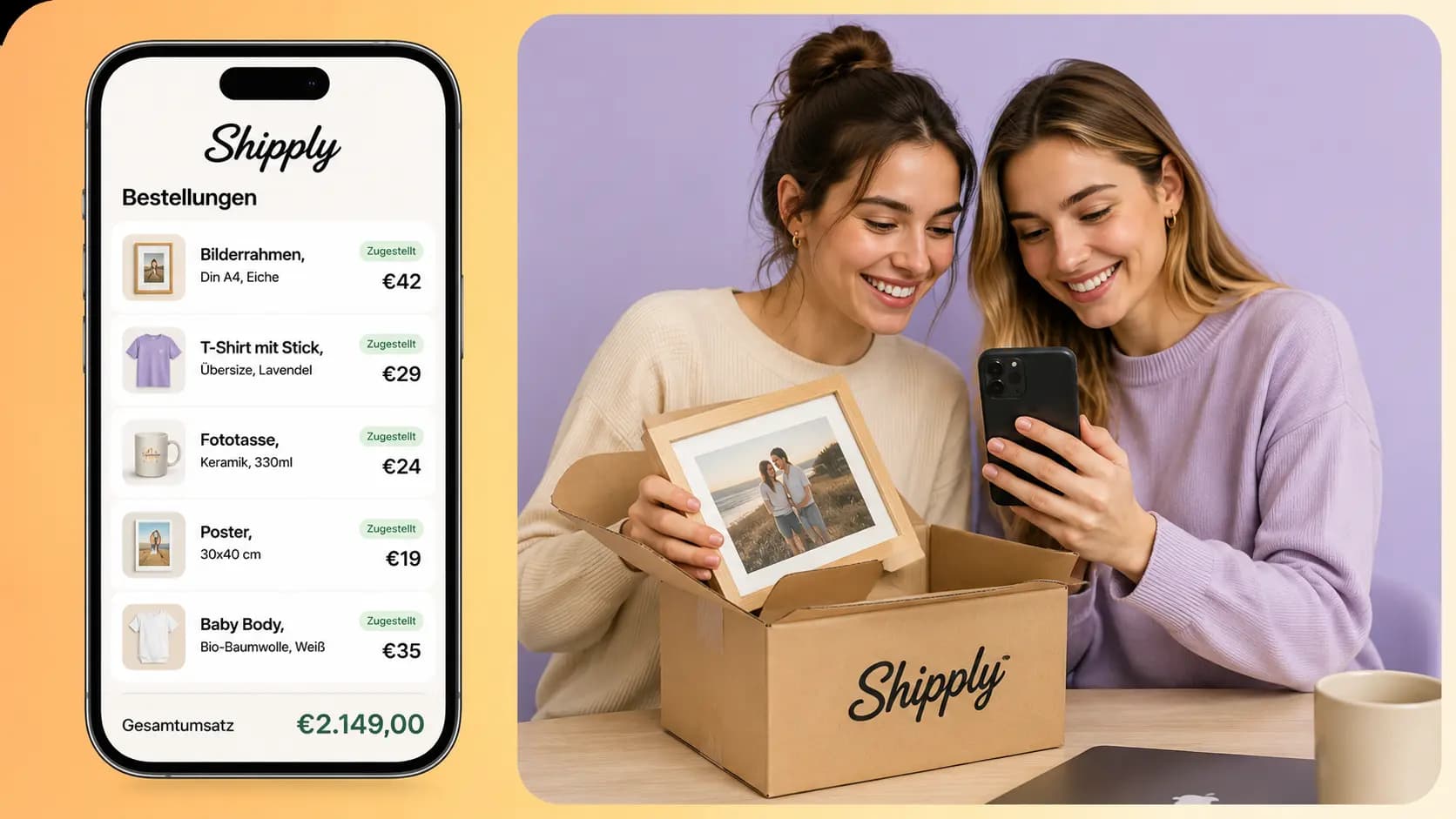 Phone mit Bestellübersicht und zwei Kundinnen beim Unboxing eines Pakets
