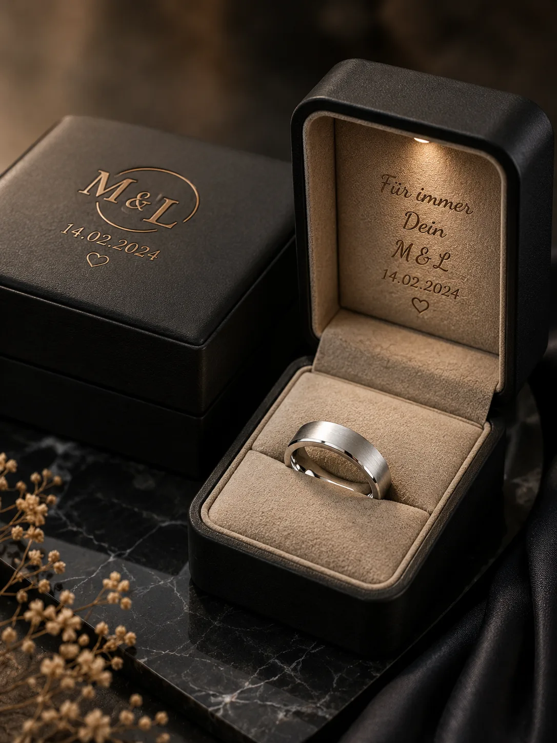 Personalisierter Ring mit Holz-Schatulle