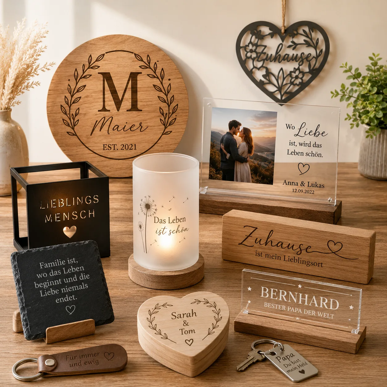 Vielfältiges Deko-Sortiment aus einer Produktion — Holz, Acryl und Metall nebeneinander