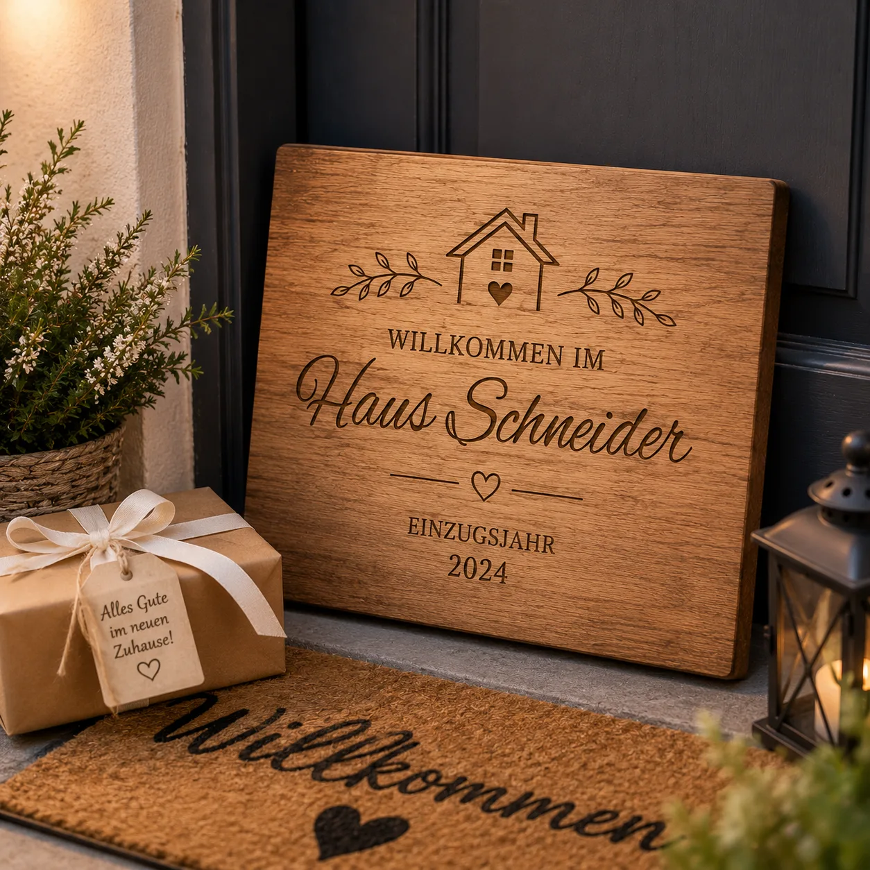 Graviertes Holzschild mit Hausname und Einzugsjahr — Willkommensgeschenk an der Haustür