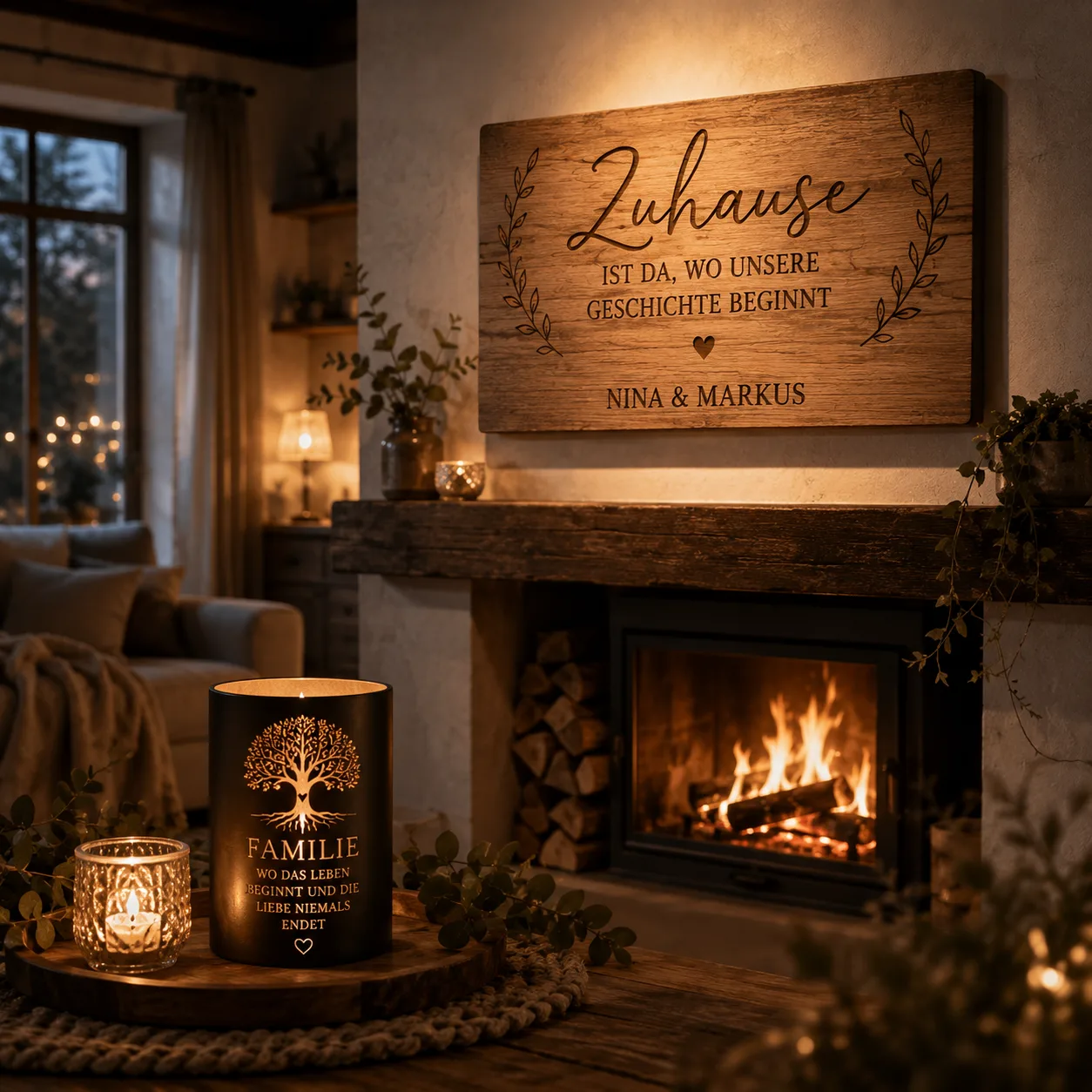 Stimmungsvoller Wohnraum mit personalisiertem Holzschild über dem Kamin und gravierten Kerzenhaltern