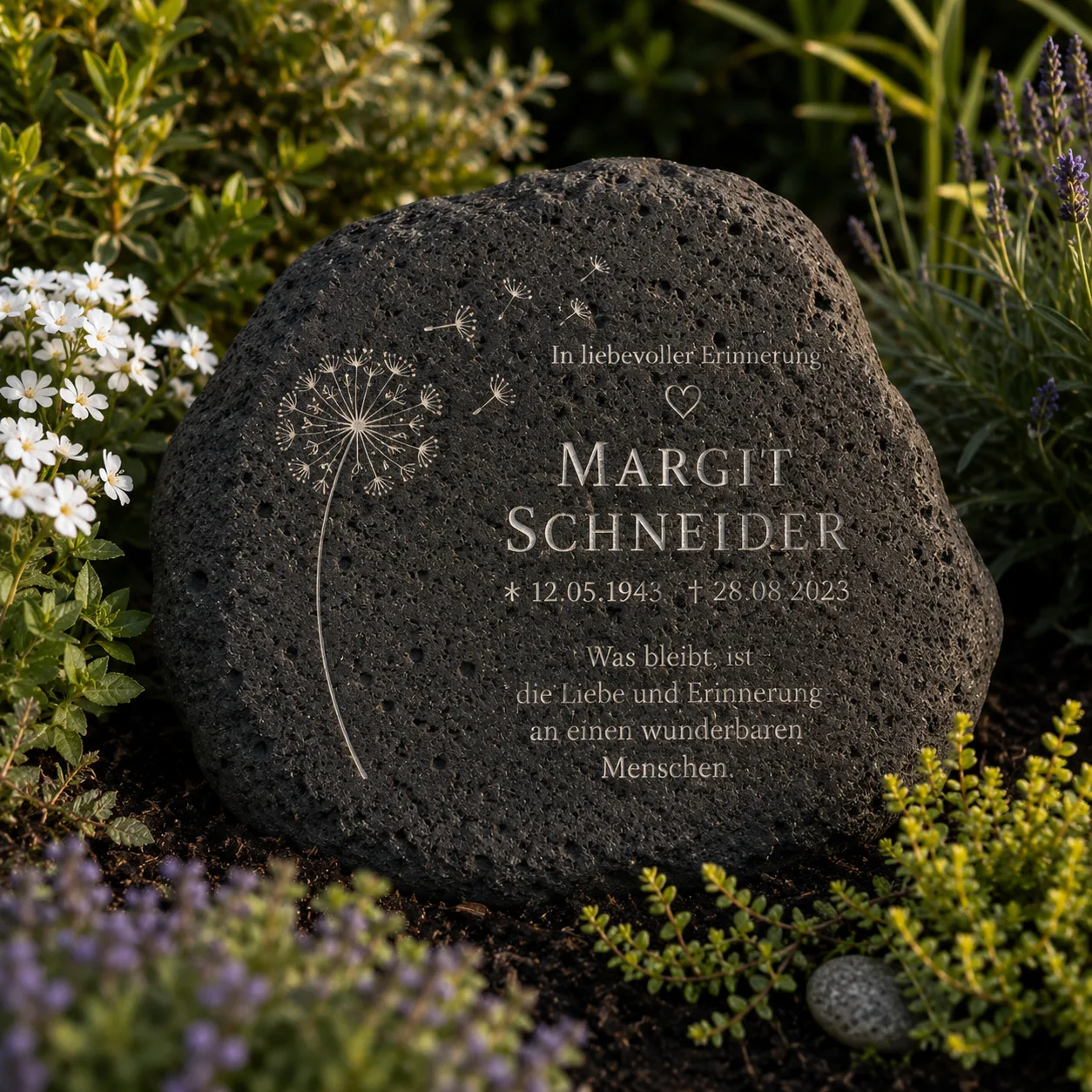 Gedenkstein aus natürlichem Schiefer mit eingravierten Namen und Lebensdaten — Außenaufnahme im Gartenbeet