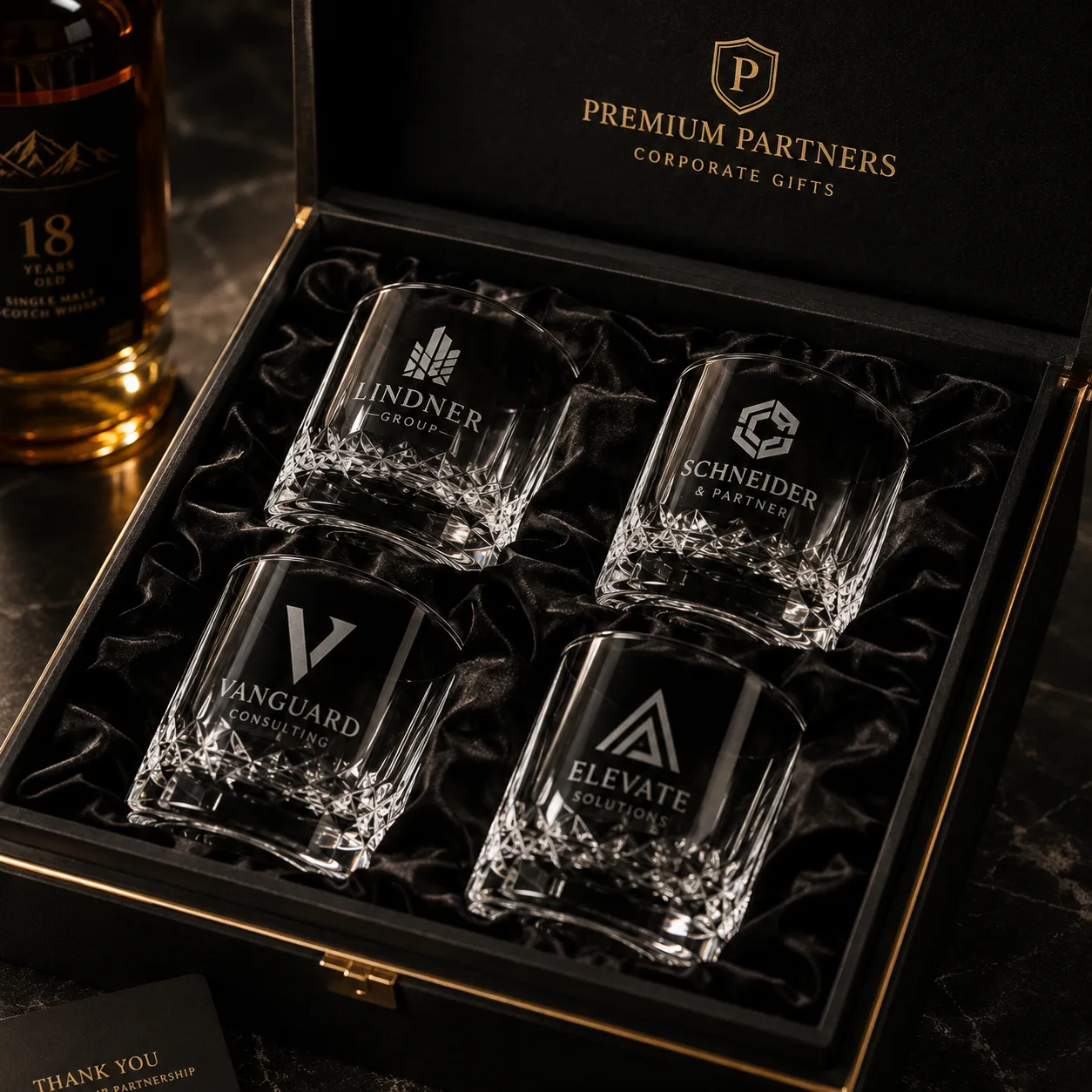 Set gravierter Whisky-Tumbler mit Firmenlogo — Corporate-Gift-Verpackung mit Samteinlage