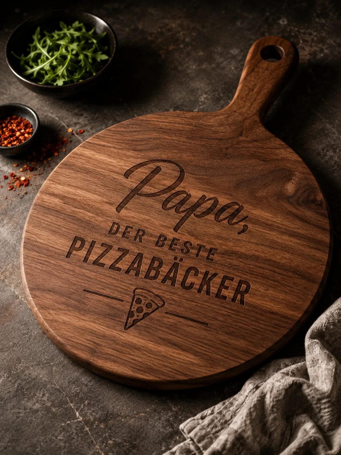 Holzprodukt mit kombinierter Lasergravur und UV-Druck — Monogramm graviert, Farbmotiv gedruckt