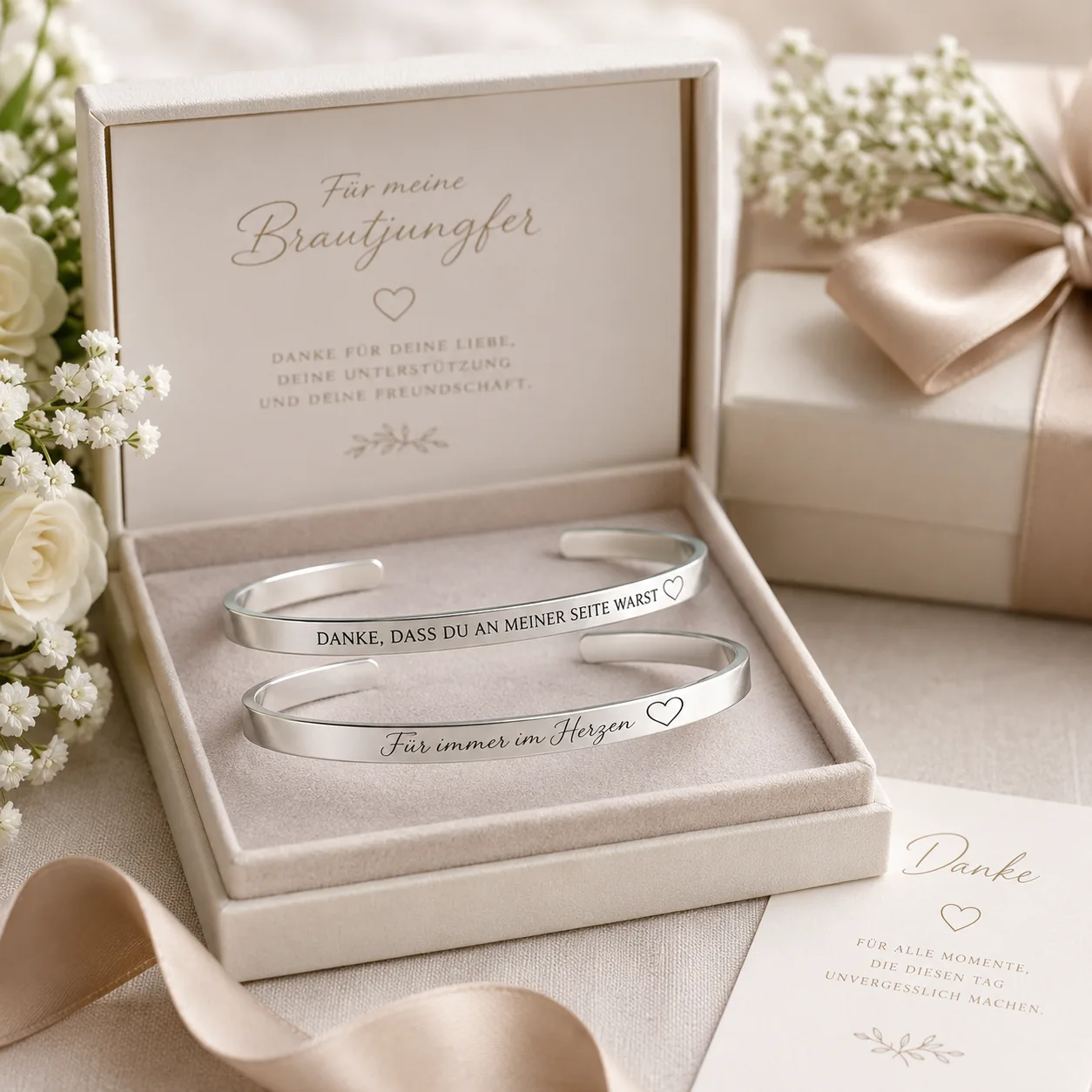 Set gravierter Armbänder mit identischer Schrift, verpackt für Brautjungfern — Draufsicht