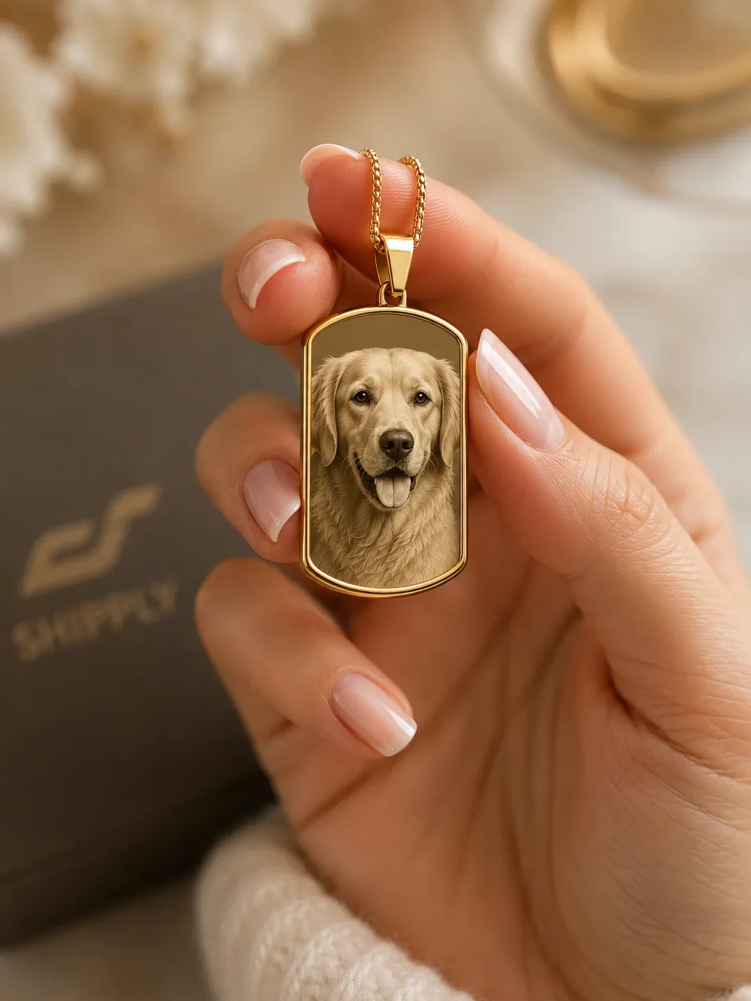 Geschenkset für Hundebesitzer — Becher mit Hundefoto, Schlüsselanhänger mit Gravur, verpackt in Geschenkkarton