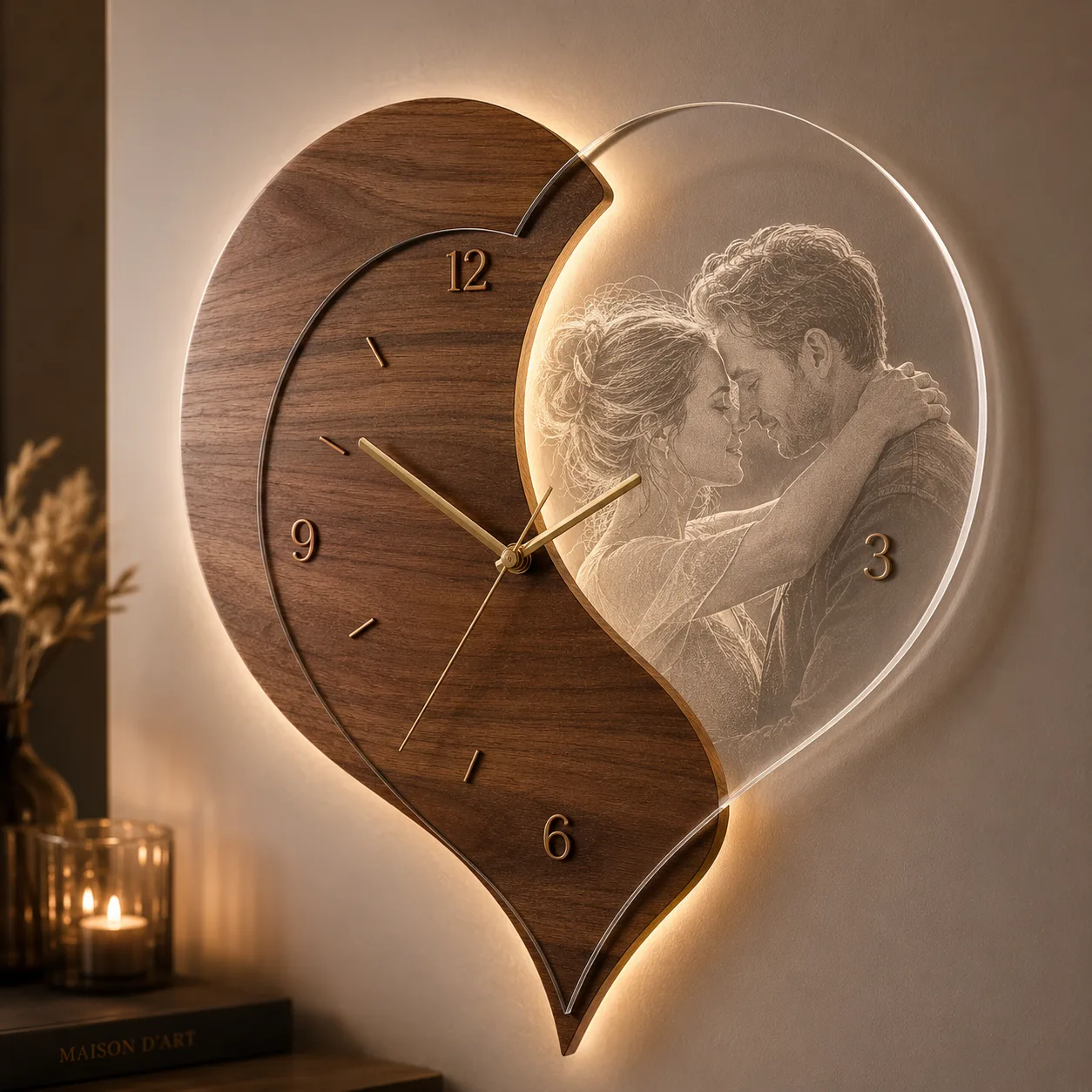 Fertige personalisierte Wanduhr mit graviertem Familiennamen — hängt im Wohnraum